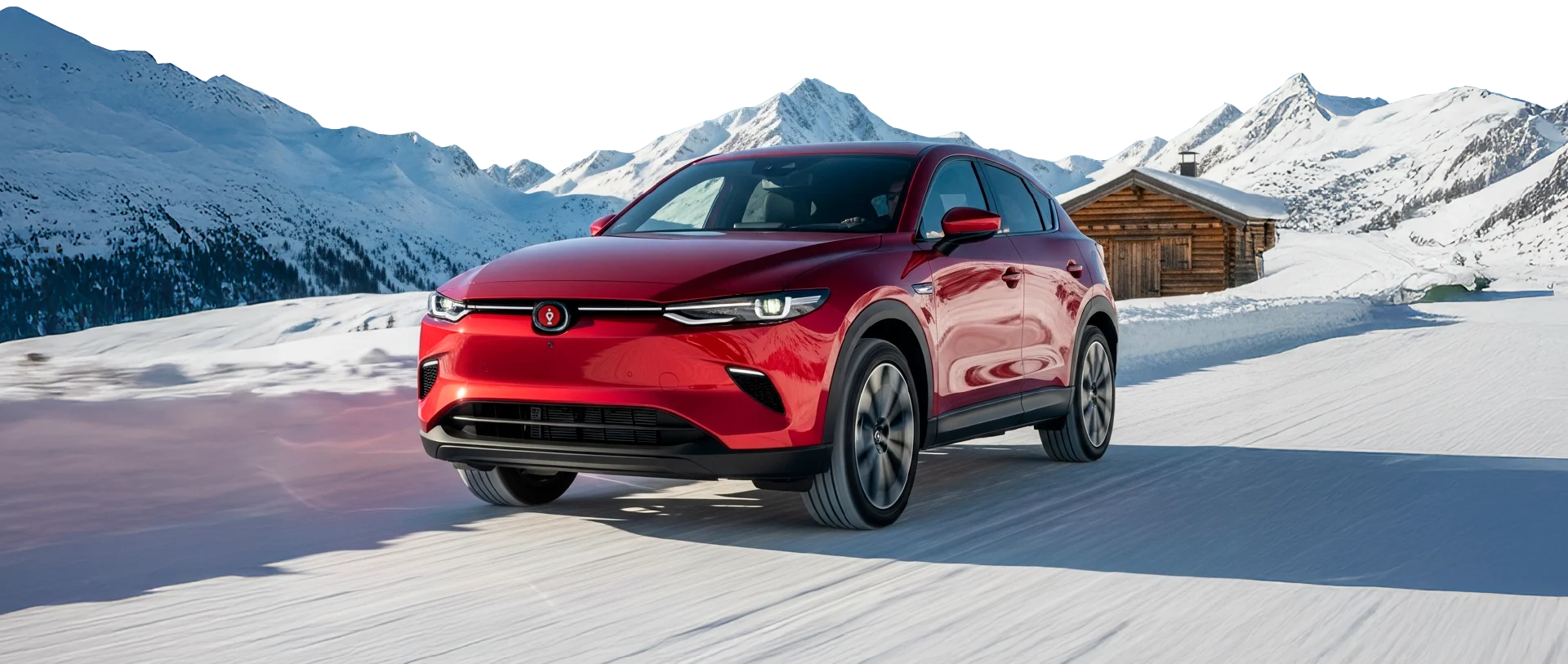 Red car being driven in snow