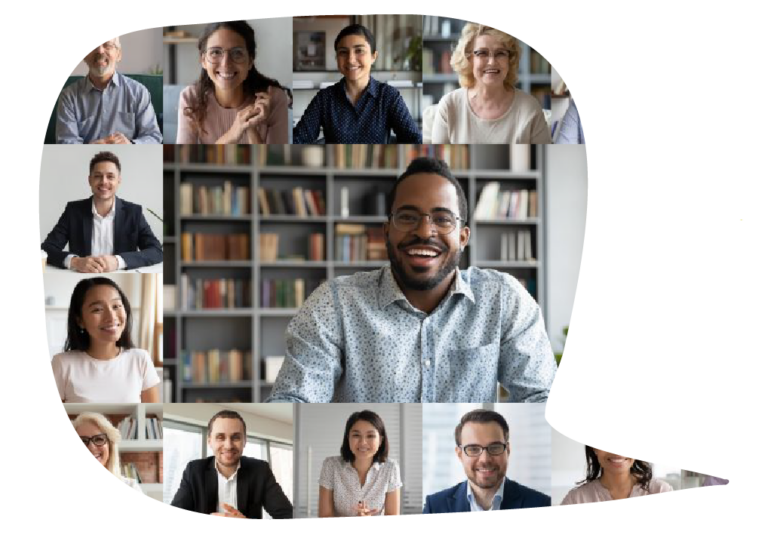 Video conference call featuring the main host in the center with smaller thumbnails of colleagues surrounding his center image.