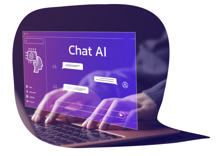 A person types on a keyboard and a virtual window above the keyboard appears displaying a Chat AI interaction