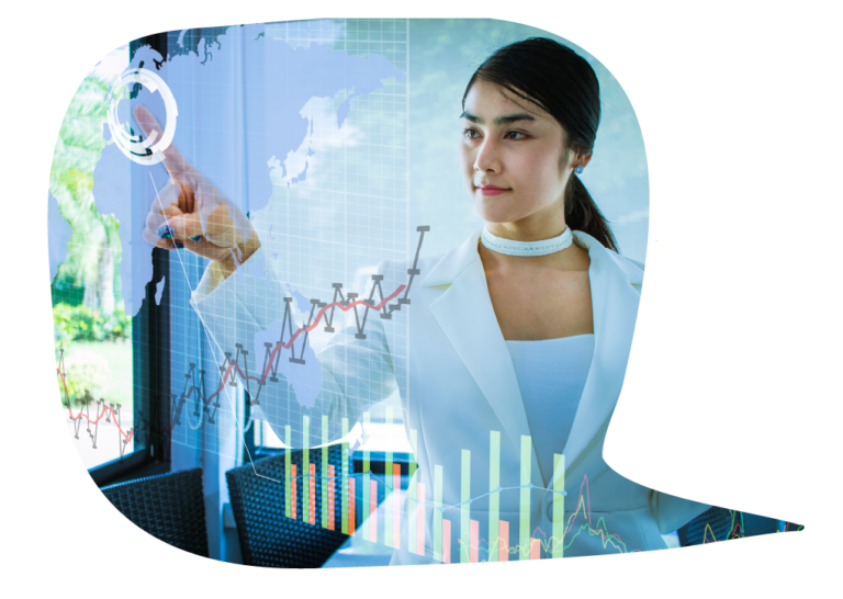A woman in a white business suit touches a glass wall in front of her. On the wall, virtual graphs and trend reports are displayed.