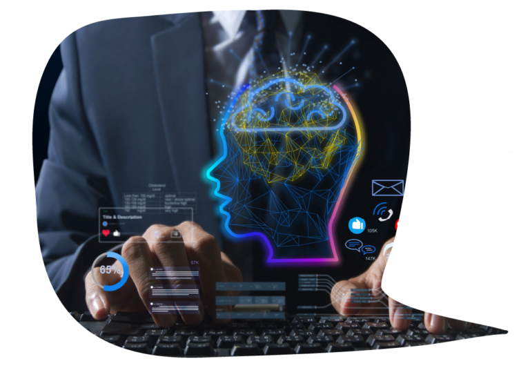 As a business person types onto a keyboard, in the air above it visuals materialize showing a person's brain in the outline of their profile, with graphs and charts surrounding it on all sides.