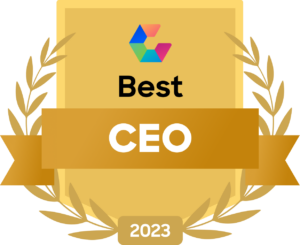 Gold badge with Comparably logo, "Best CEO 2023"