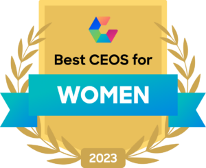 Gold badge with Comparably logo, "Best CEO for Women 2023"