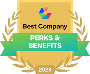 Gold badge with Comparably logo, "Best Company for Perks & Benefits 2023"